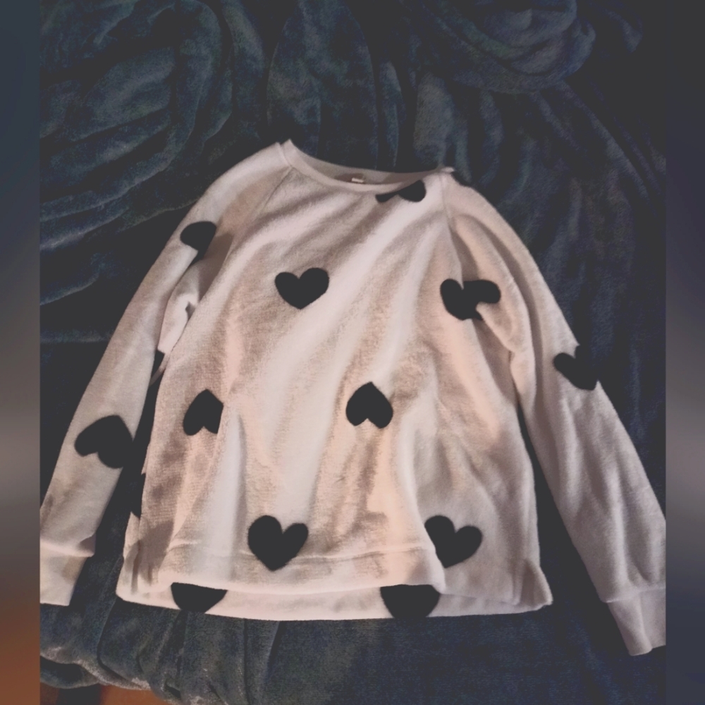 Loft white faux fur sweatshirt with black hearts size small